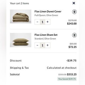 $356 Silk&Snow New! 100% Flax Linen Duvet Cover & Shams Set, Olive Green, Queen